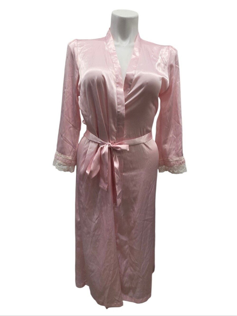 Vintage Oscar De La Renta Size Medium Pink Label Pink Satin Lace-Trim Robe